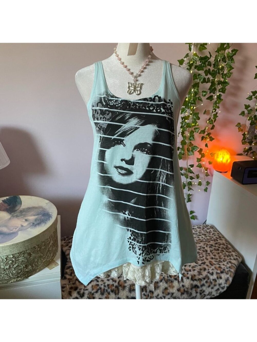2000s asymmetrical tank with a girl graphic and rhinestone details